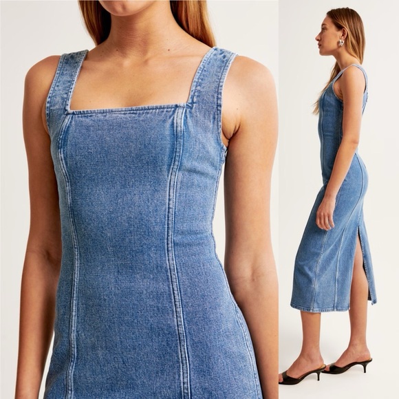 Abercrombie Denim Column Midi Dress size medium Jean sleeveless square neck - Picture 9 of 9